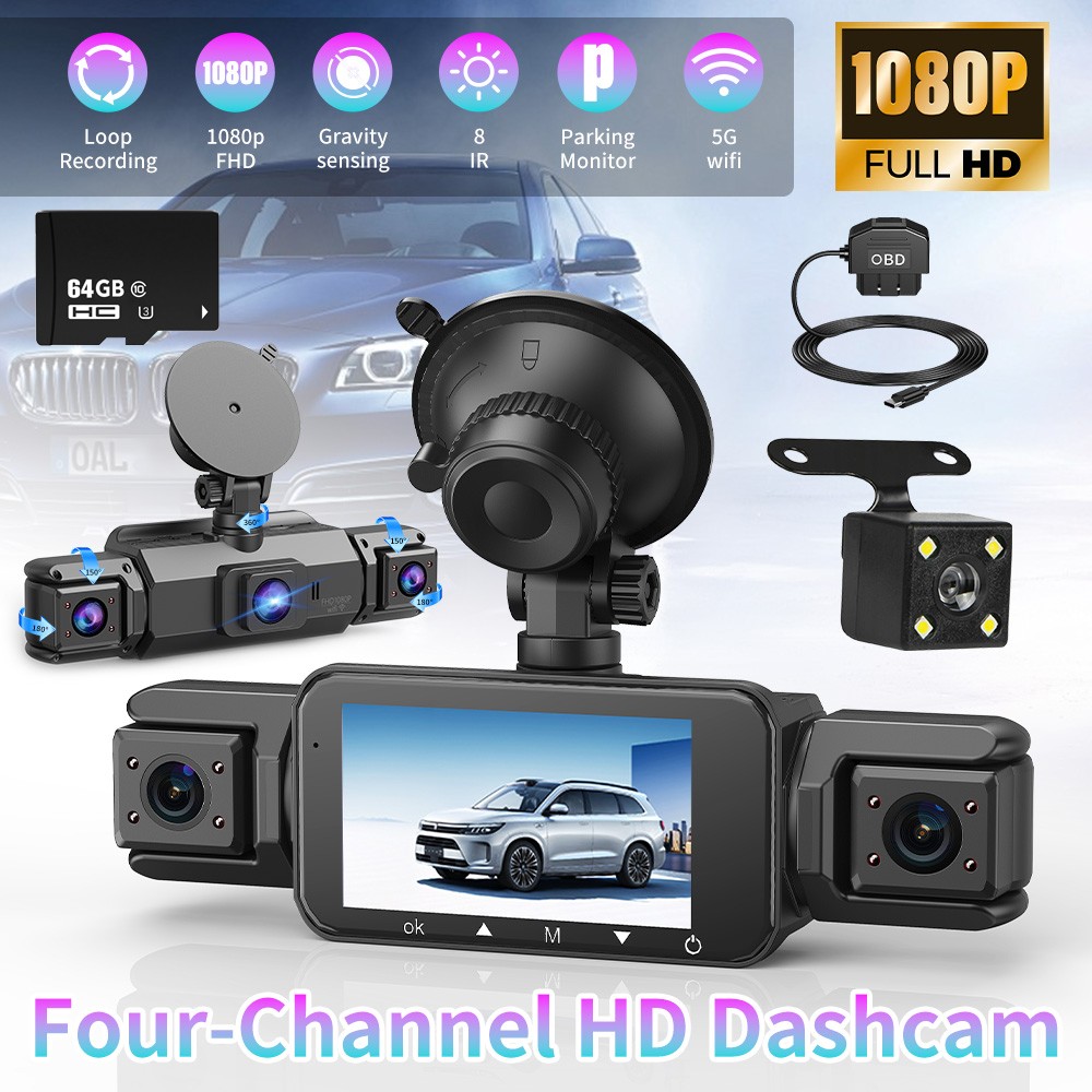 4Lens Dash Cam Wifi&5G Front Rear Inside Dash Cam 360° 1080P Car Camera 64GB