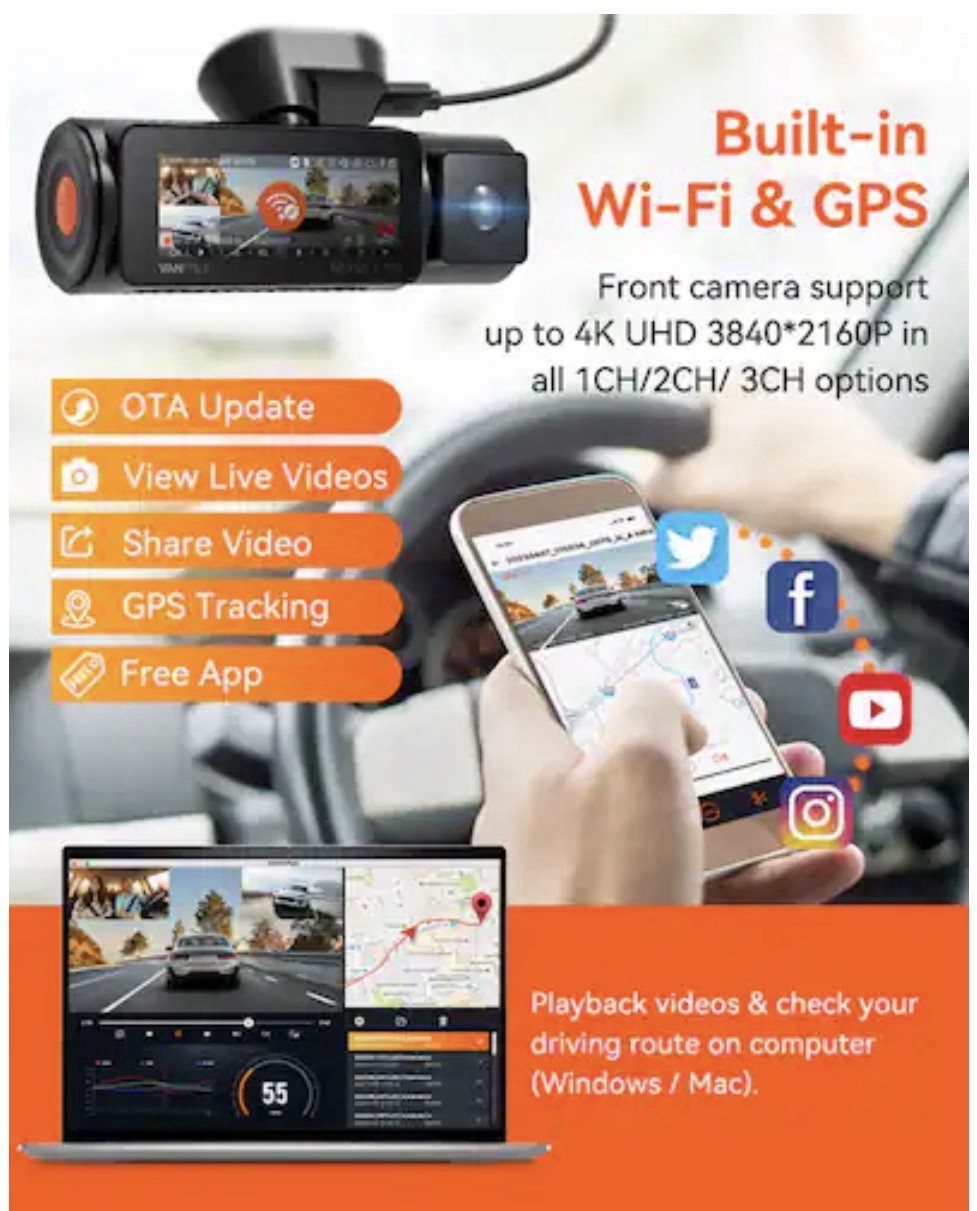 Vantrue – N4 PRO 4K HDR 3-Channel Dash Cam w/ 128GB Micro SD Card, Front-Cabi…