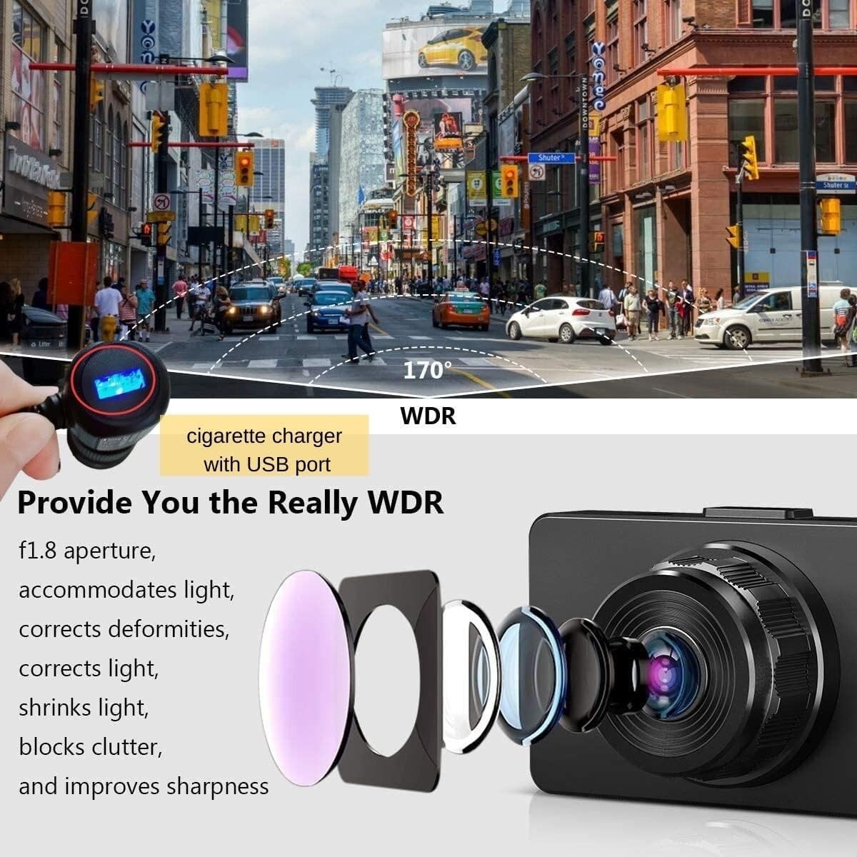 Dash Cam Front Rear 1080P Night Vision G-Sensor Loop Recording 32G Card