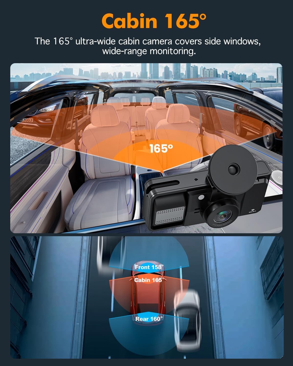 4K 3 Channel Dash Cam Front Rear Inside, STARVIS 2 HDR Sensor