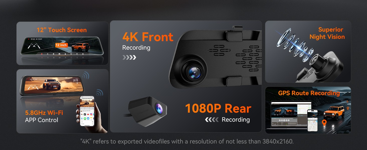 WolfBox Mirror Dash Camera 12″ 4K Rear View Mirror Dashcam 5G Wifi & GPS For Car