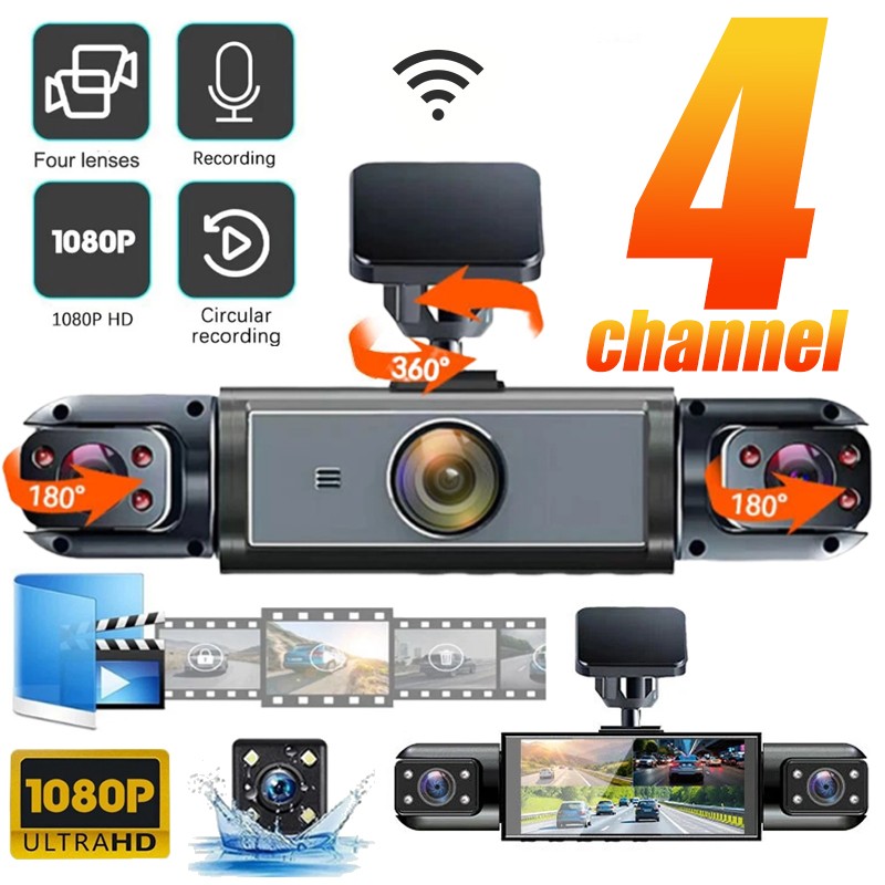 360° 4 Channel Car Dash Cam Front Rear Inside Left Right Camera Wifi HD 1080P