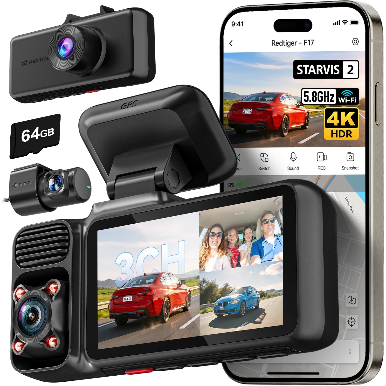 F17 4K 3 Channel Dash Cam, STARVIS 2 IMX675 HDR, 2160P+1080P+1080P Front Insi…