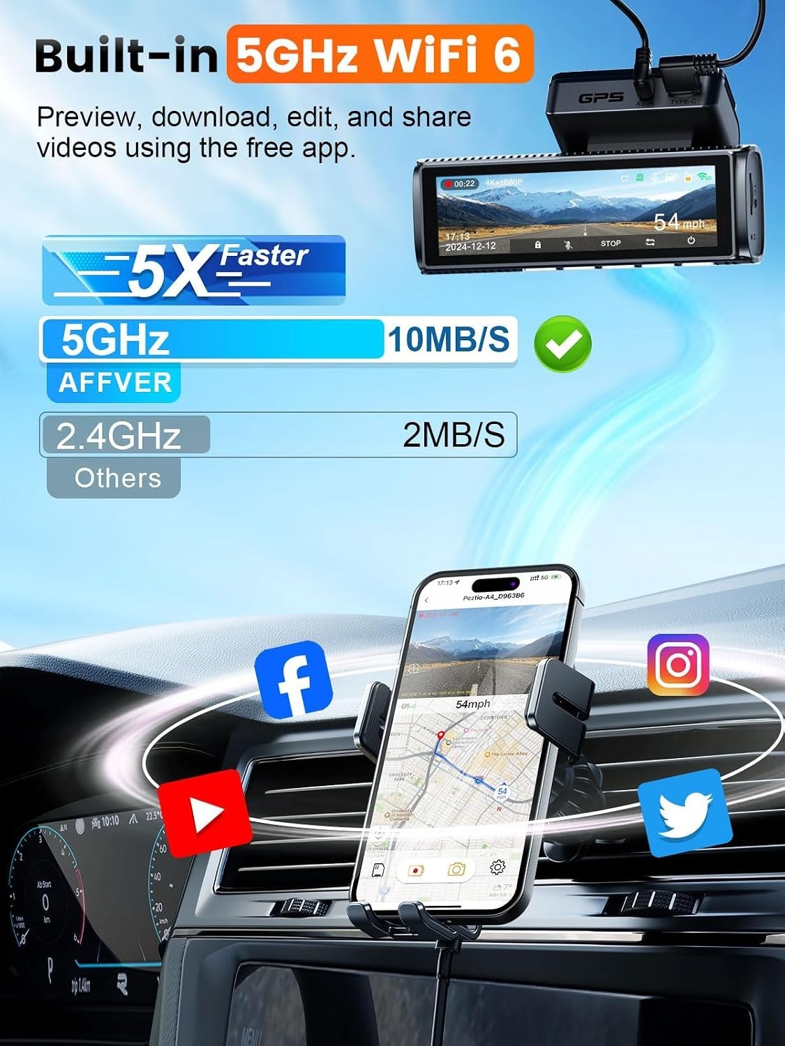 4K+2.5K Dual Dash Cam with GPS & 5G WiFi 6 – Ultimate Security