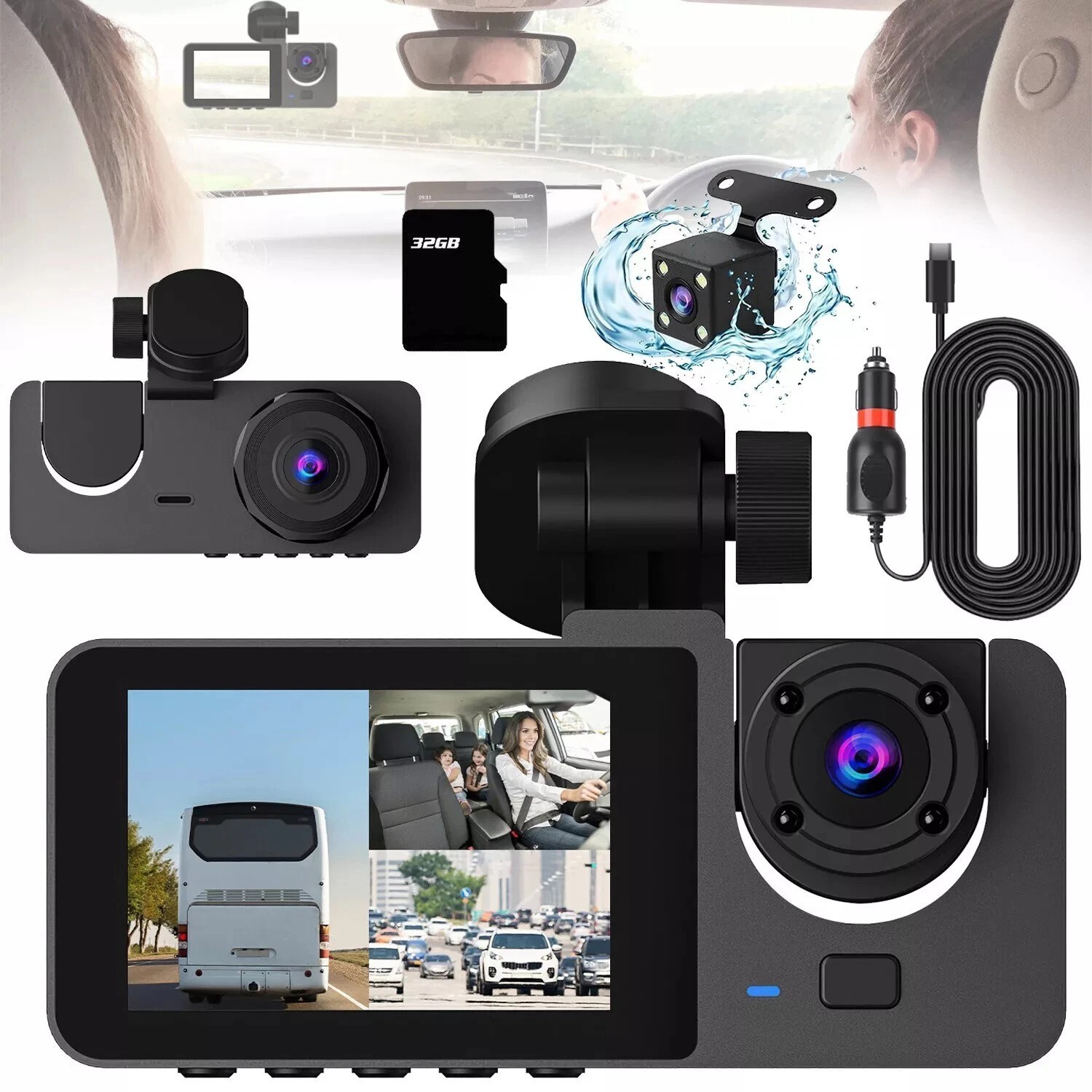 3 Channel Dash Cam Front Inside Rear Vehicle Driving Recorder Car DVR with 32G M