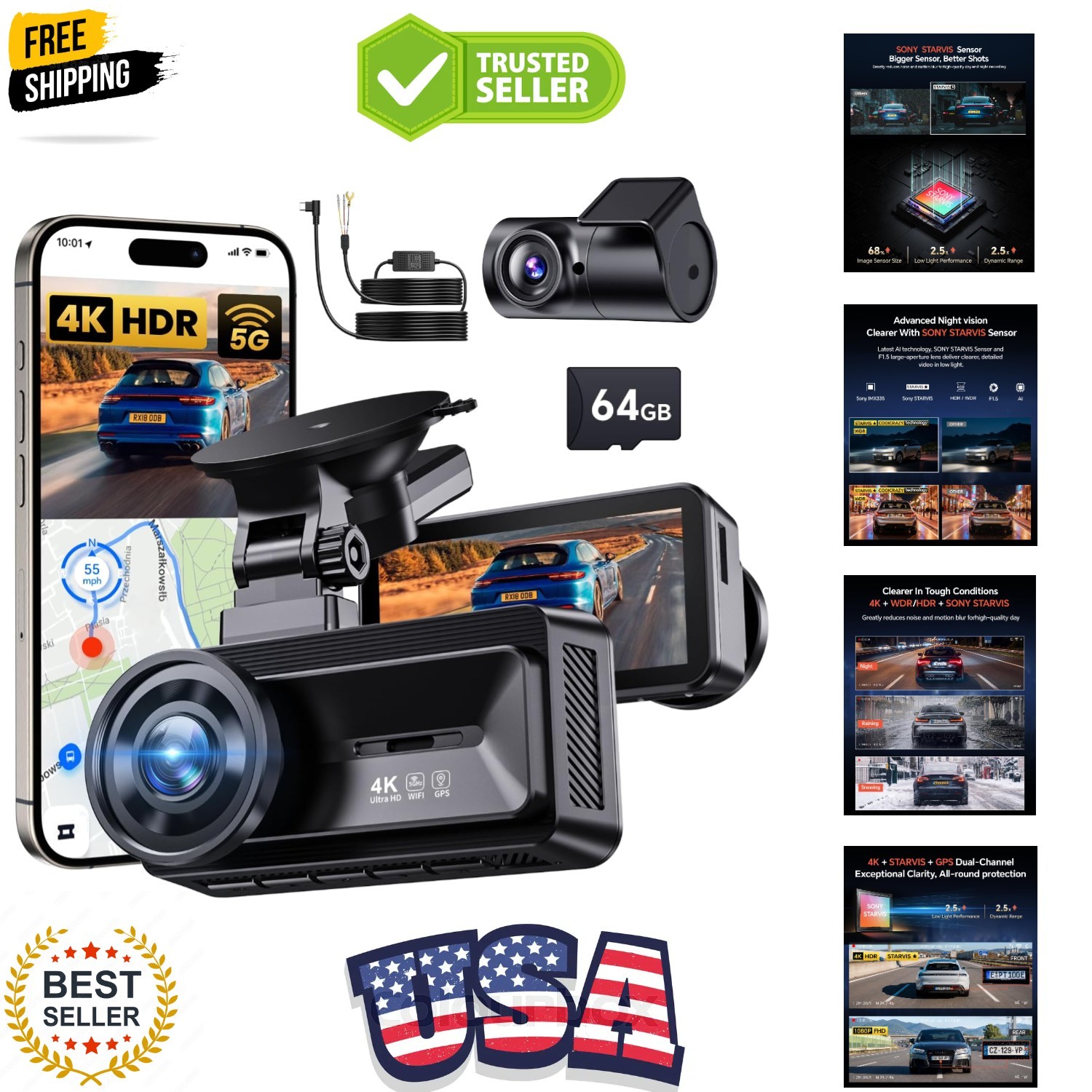 Dash Cam Front Rear – 4K STARVIS Sensor Dashcam,Free 64GB Card, Built-in 5G W…