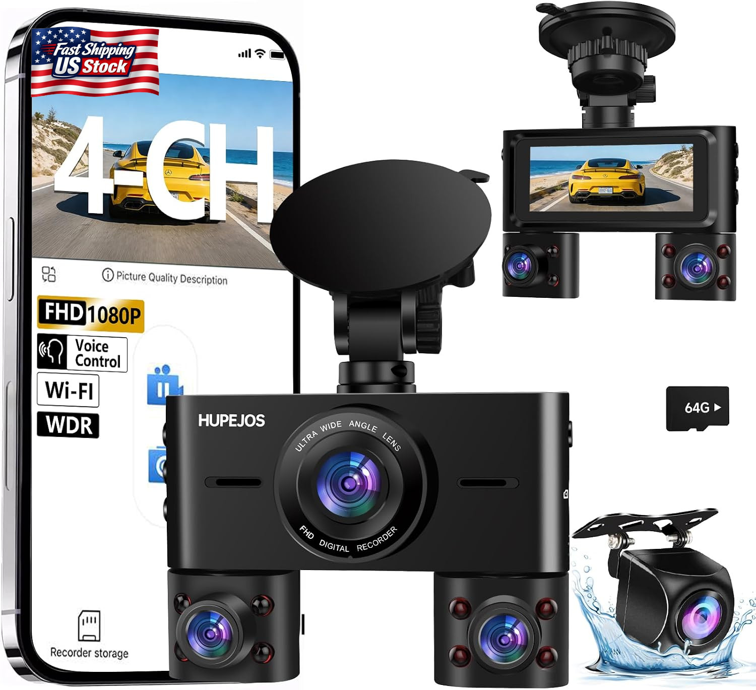 HUPEJOS 360° View Dash Cam Front and Rear Inside, 4 Channel Camera for Cars | 3.