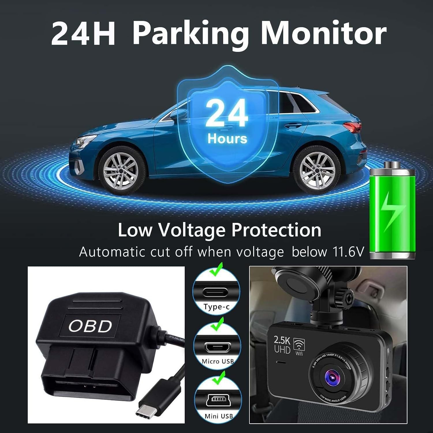 OBD Power Cable Kit Dash Camera USB to Type C Hardwire Kit for Dashcam 12-24V…