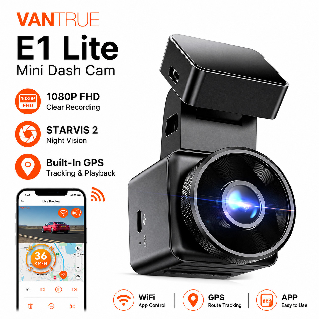Vantrue E1 Lite 1080P Mini Dash Cam Night Vision WiFi GPS G-Sensor Car Camera