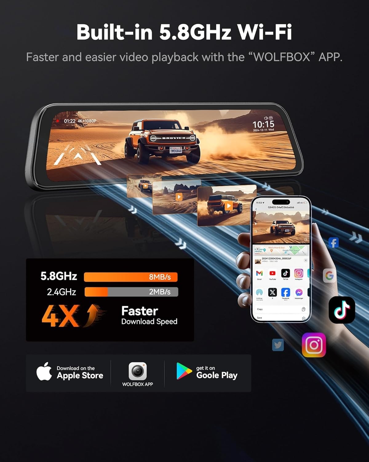 G840S 12″ Rearview Mirror Dash Cam – 4K Clarity, Parking Monitor & Dual Views