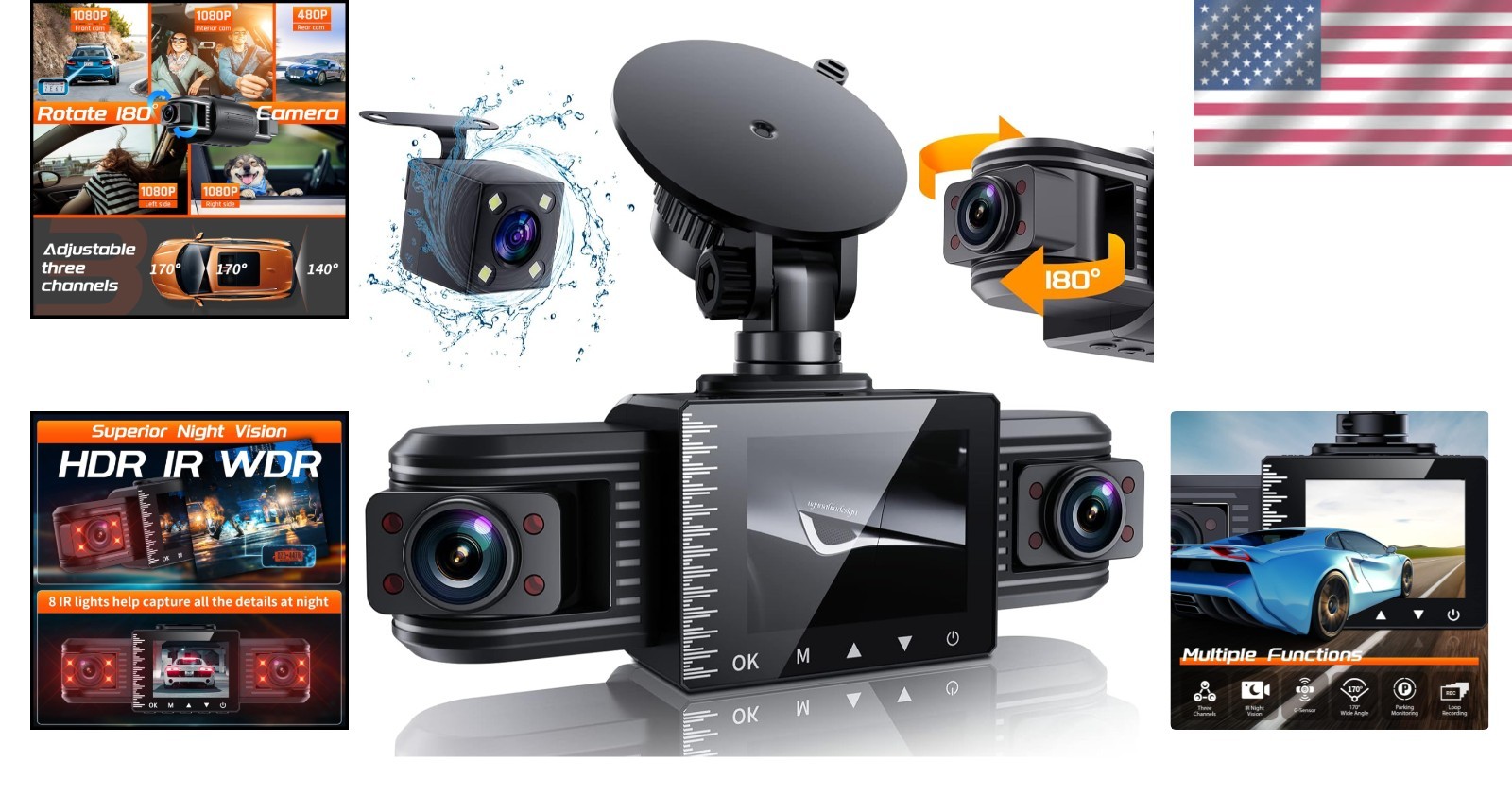 T1-pro 3 Channel 1080P Dash Cam Front Rear Inside – 170° Wide Angle, 8 IR Nig…