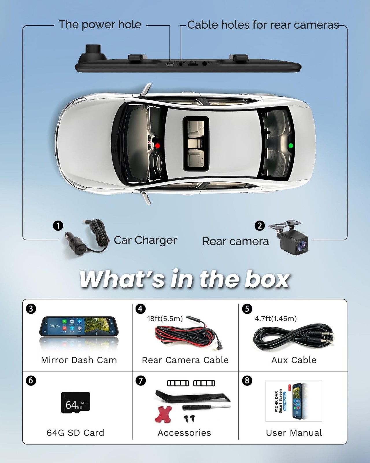 4K Rear View Mirror Camera with Carplay&Android Auto,12″ Mirror Dash Cam Fron…