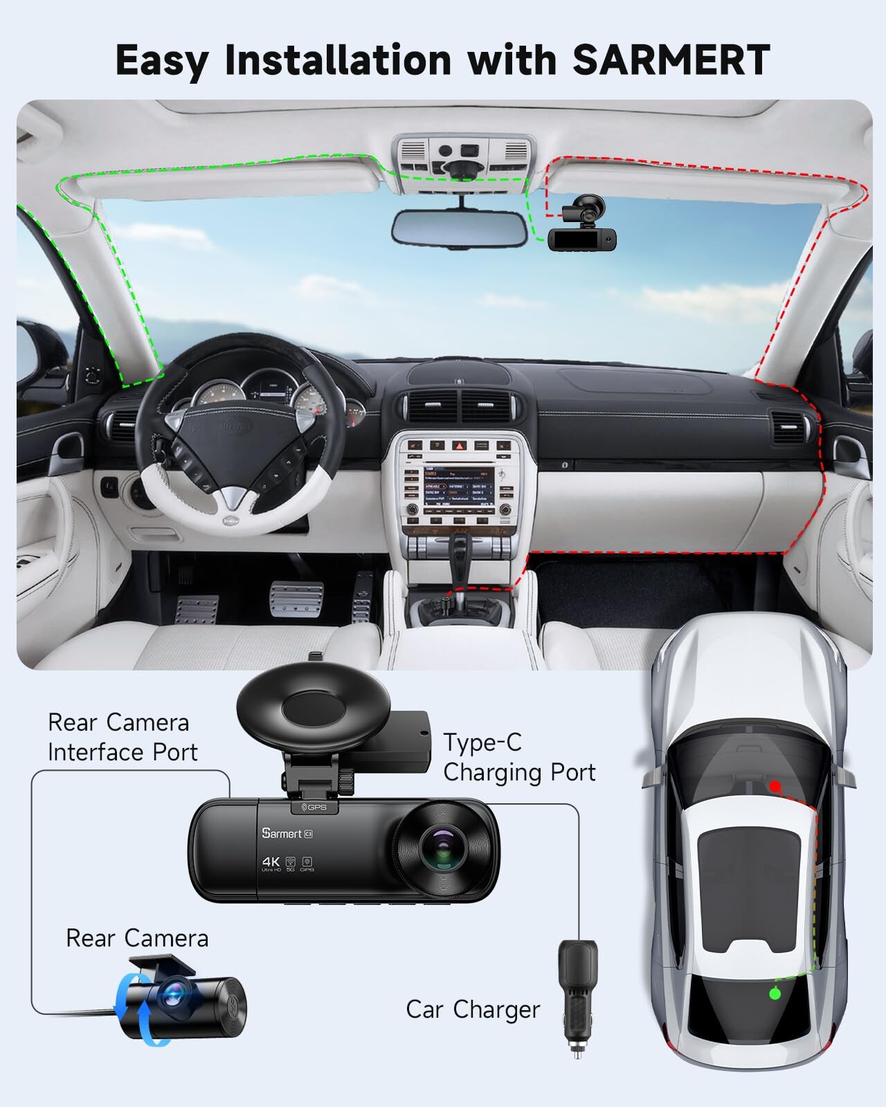 4K 3 Channel Dash Cam, Dash Cam Front and Rear C3, Free 64GB Card, 4K+1080P+1…