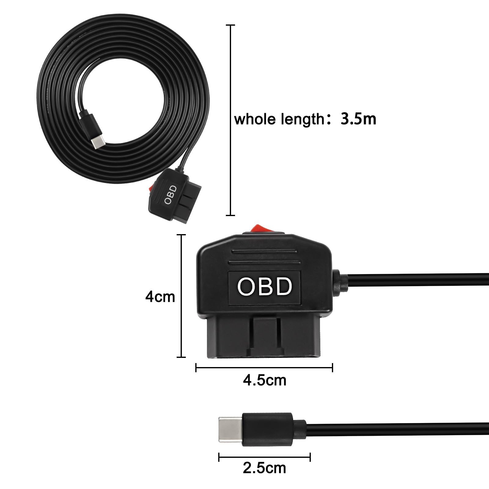 OBD2 Power Cable for Dash Camera Type C Hardwire Charger with Switch – 3.5M