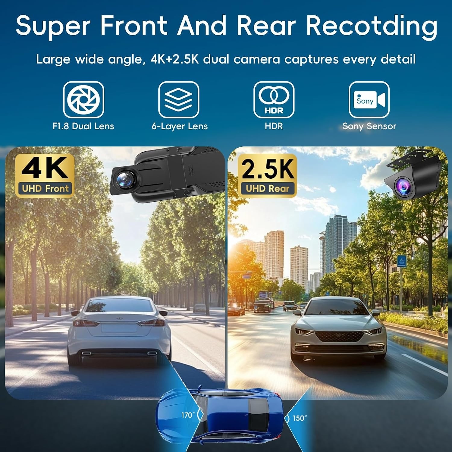 Dual Channel 4K Dash Cam with Wi-Fi Control and Loop Recording for All Vehicles