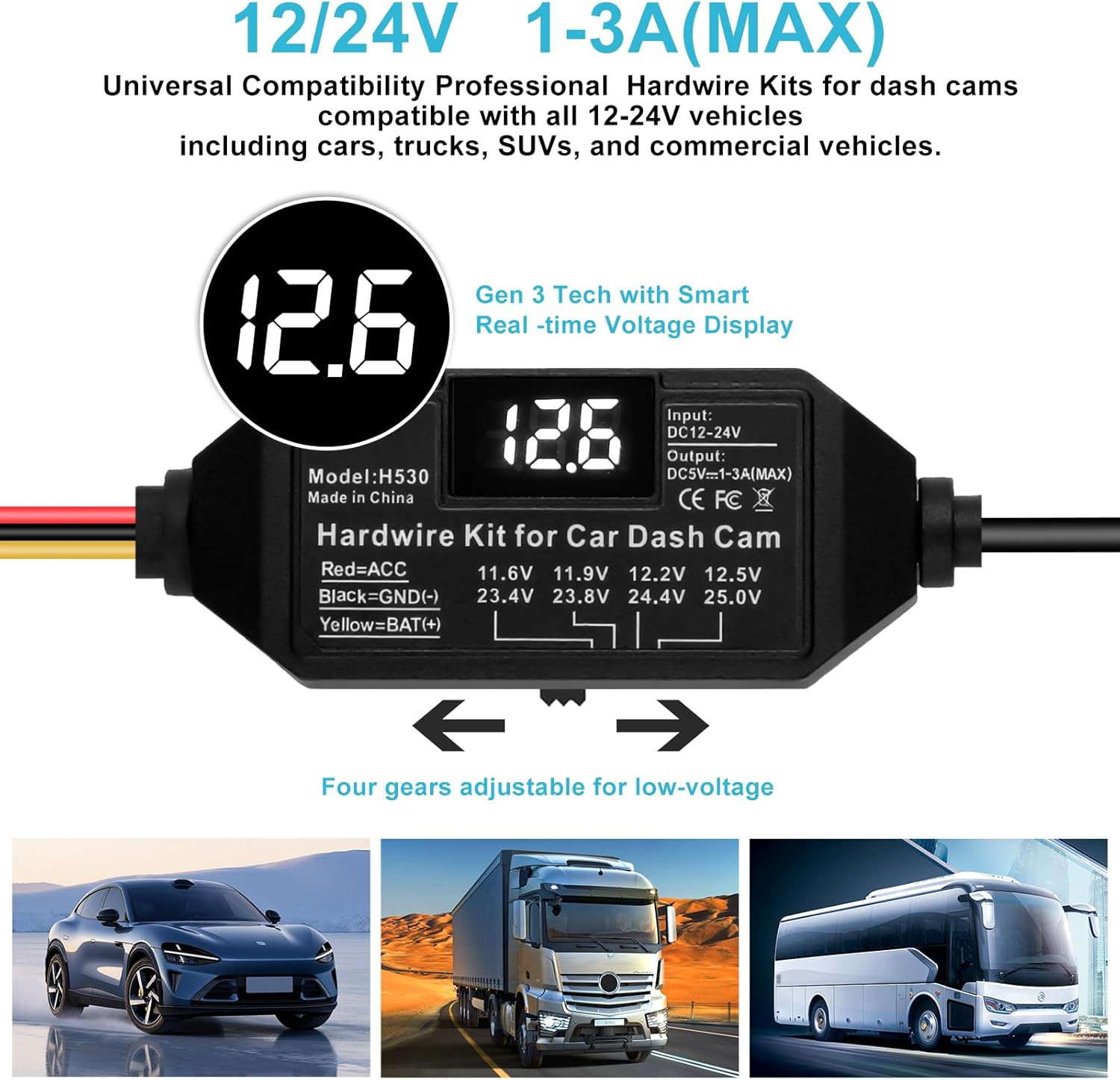 Dash Cam Hardwire Kit USB C, 12V-24V to 5V/3A Adapter Power Cable with Voltage D