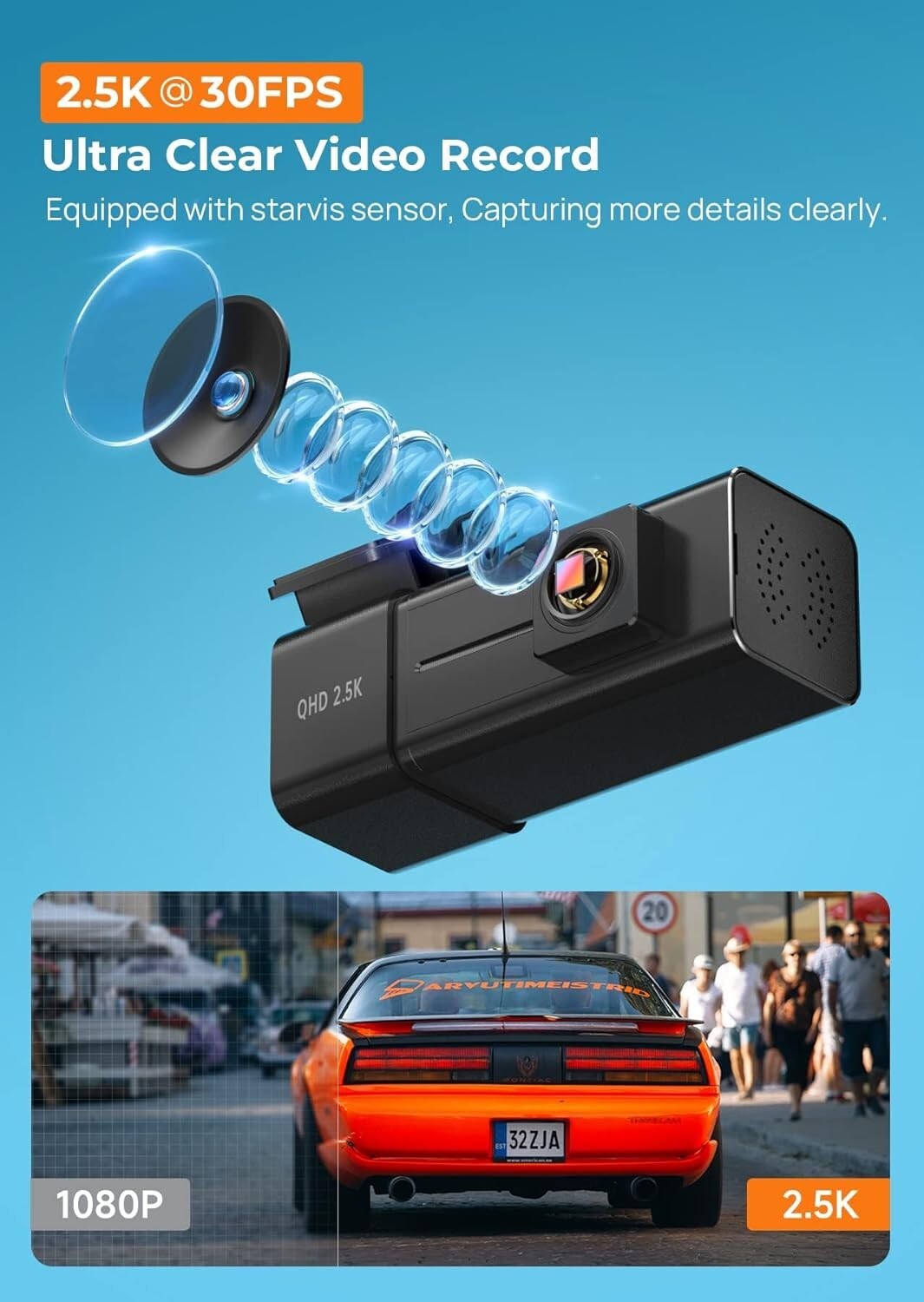 Used 2025 Dash Cam WiFi 2.5K, Night Vision, 24H Parking Mode, G-Sensor, 32GB