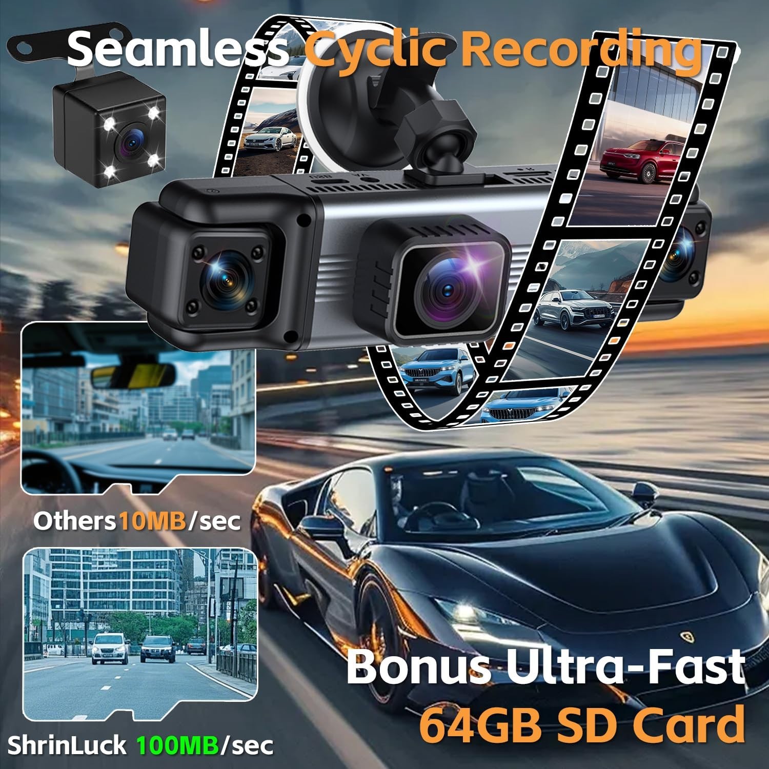 4 Channel 360° Dash Cam Front Rear Inside 4K+1080P, WiFi, Night Vision, 64GB SD