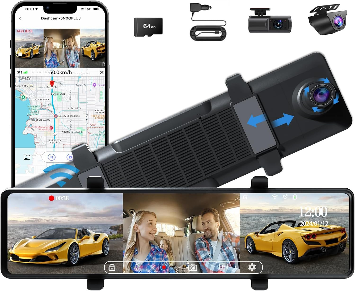 12″ Mirror Dash Cam 3 Channel 4K Front Inside Rear 1080P WiFi Night Vision GPS 2