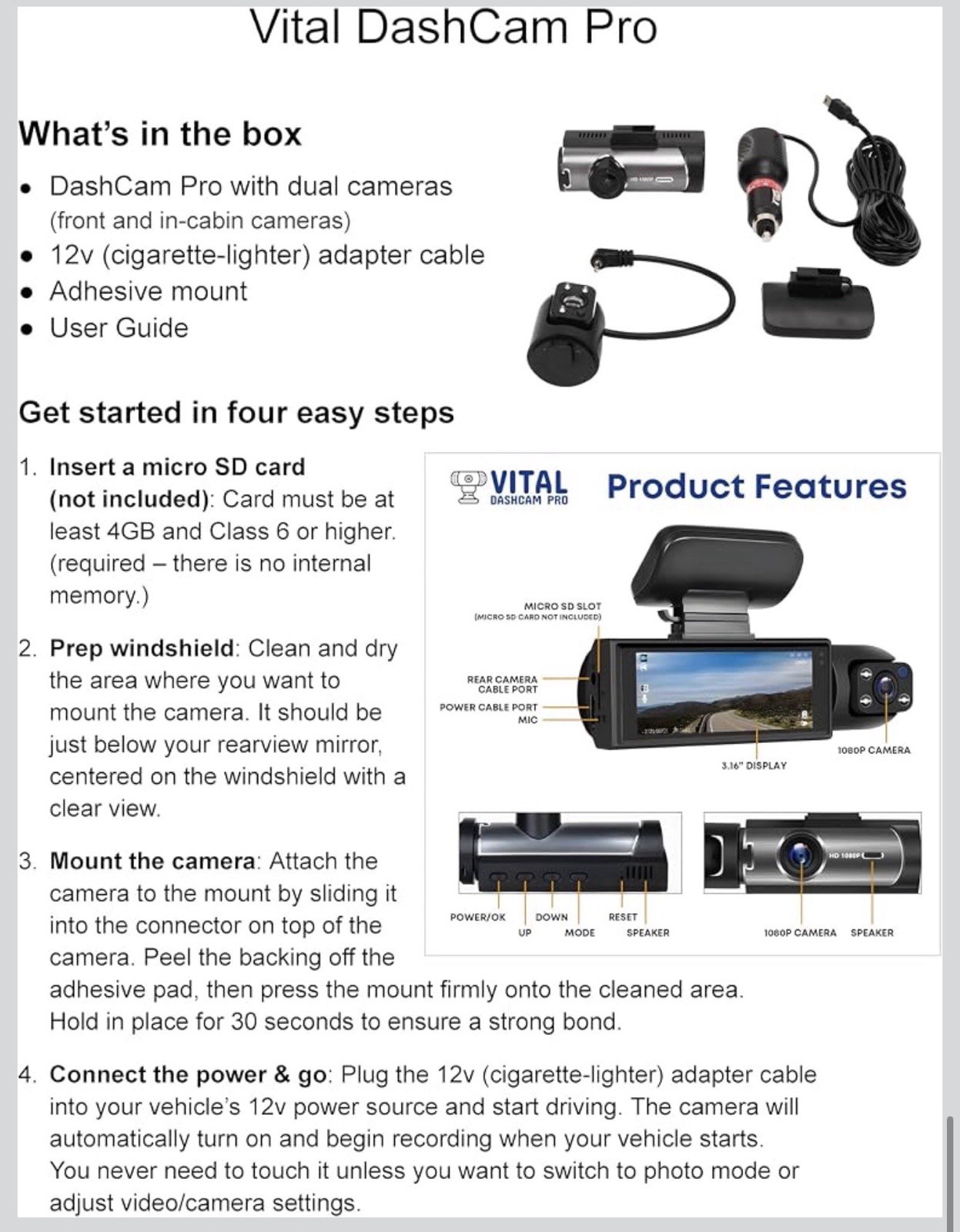 Vital Dash Camera Pro 2026 Dashcam Front and Rear Camera for Cars FHD | Dual Len