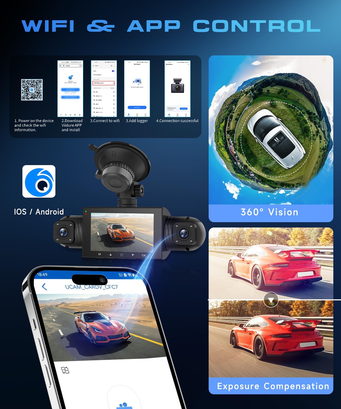 360° 4 Channel Dash Cam 1080P Front+480P Rear Left Right, 3″ IPS Display, 5G …