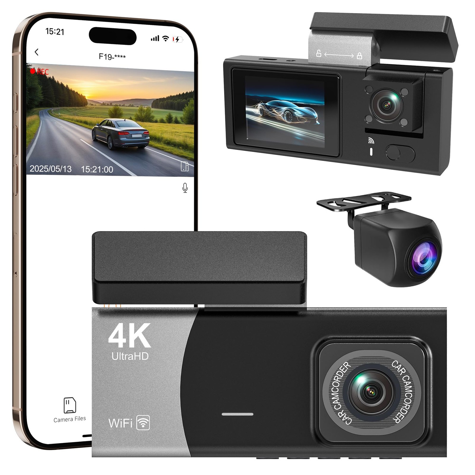 3 Channel 4K WiFi Dash Cam, 4K+1080P+1080P Front Inside and Rear, Triple Dash…