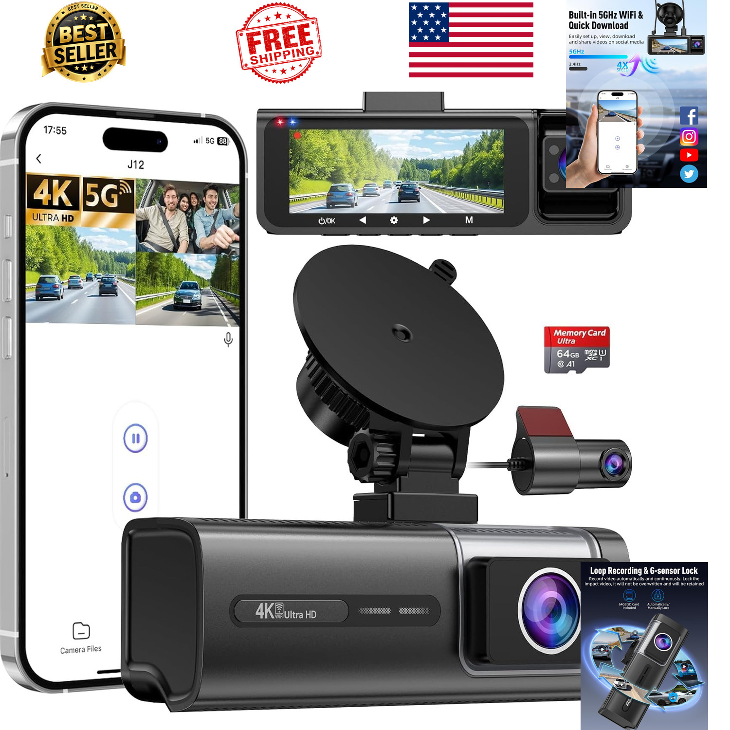Dash Cam 3 Channel 4K Front 1080P Rear Interior 5G WiFi 64GB IR Night Silver