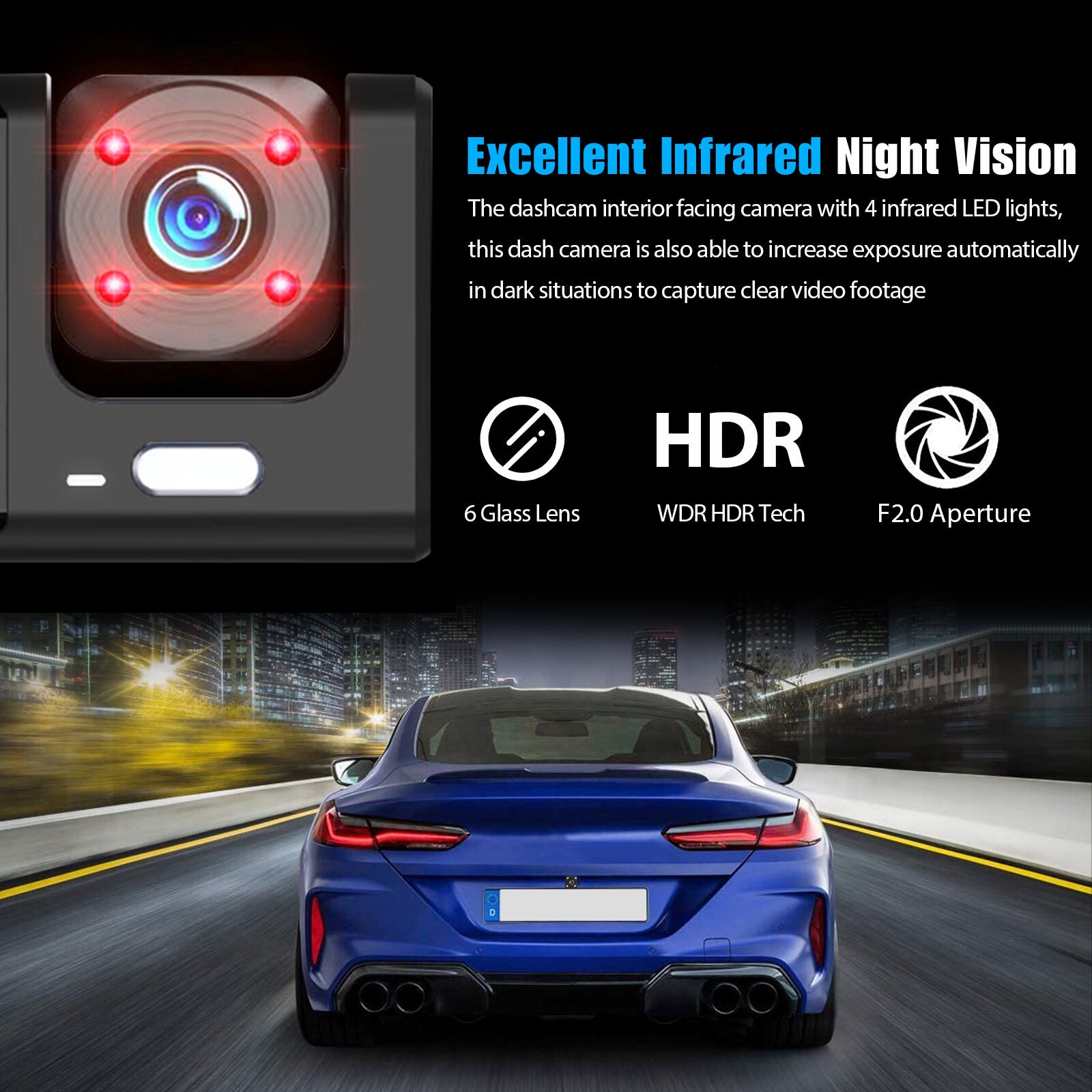 HD 1080P Car Dual Lens Dash Cam Front/Rear/Inside Video Recorder Camera G-sensor