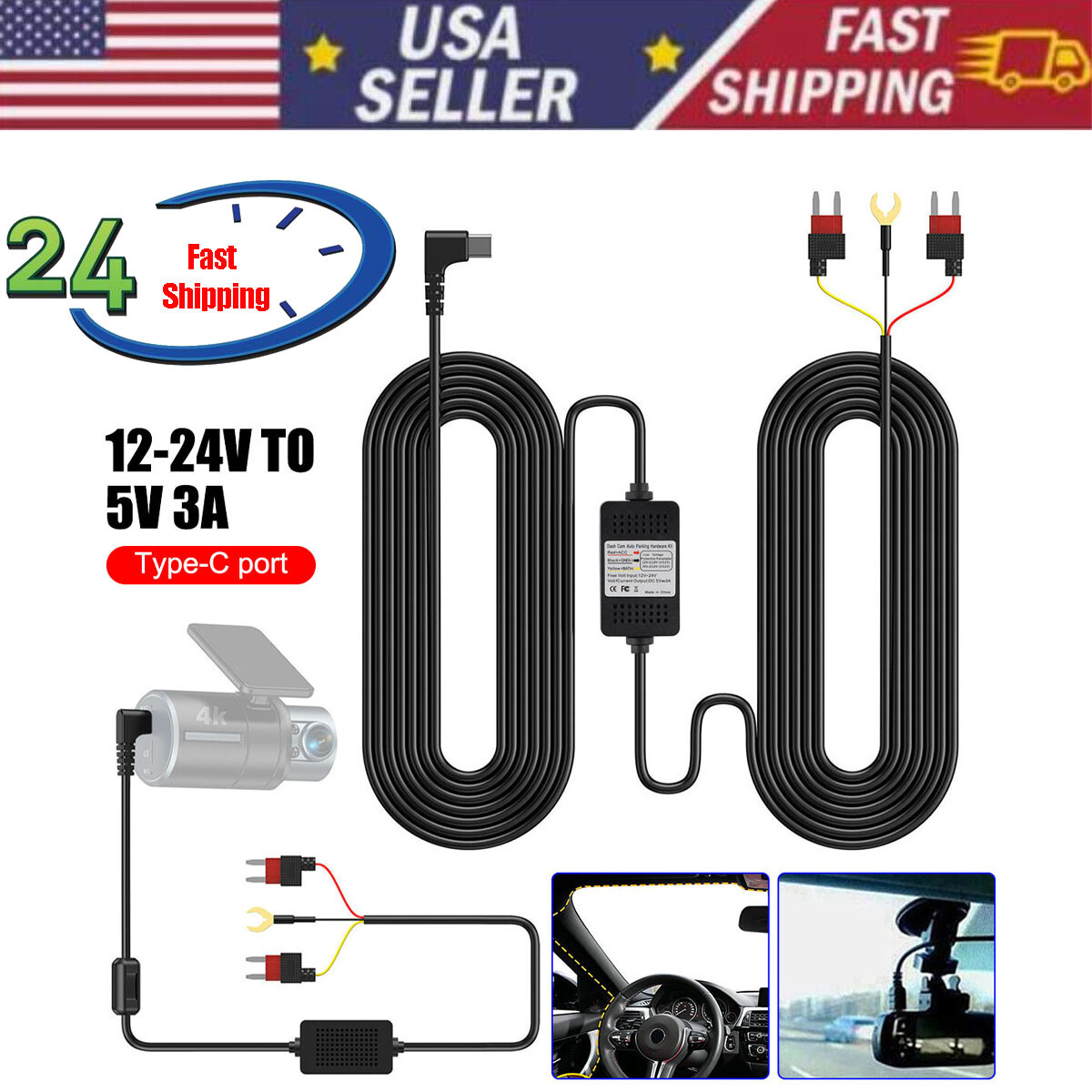 Universal Type C Dash Cam Hardwire Kit Hard Wire Cable Fuse 12-24V to 5V Car DVR
