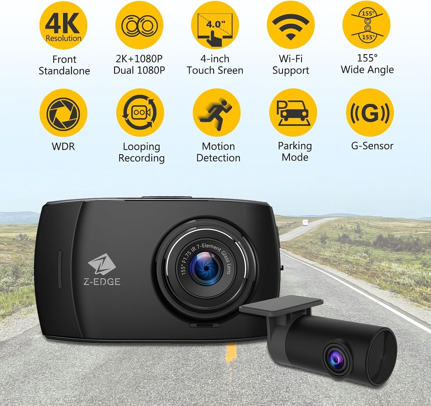 Dual Dash Cam Touch Screen WiFi, Night Vision
