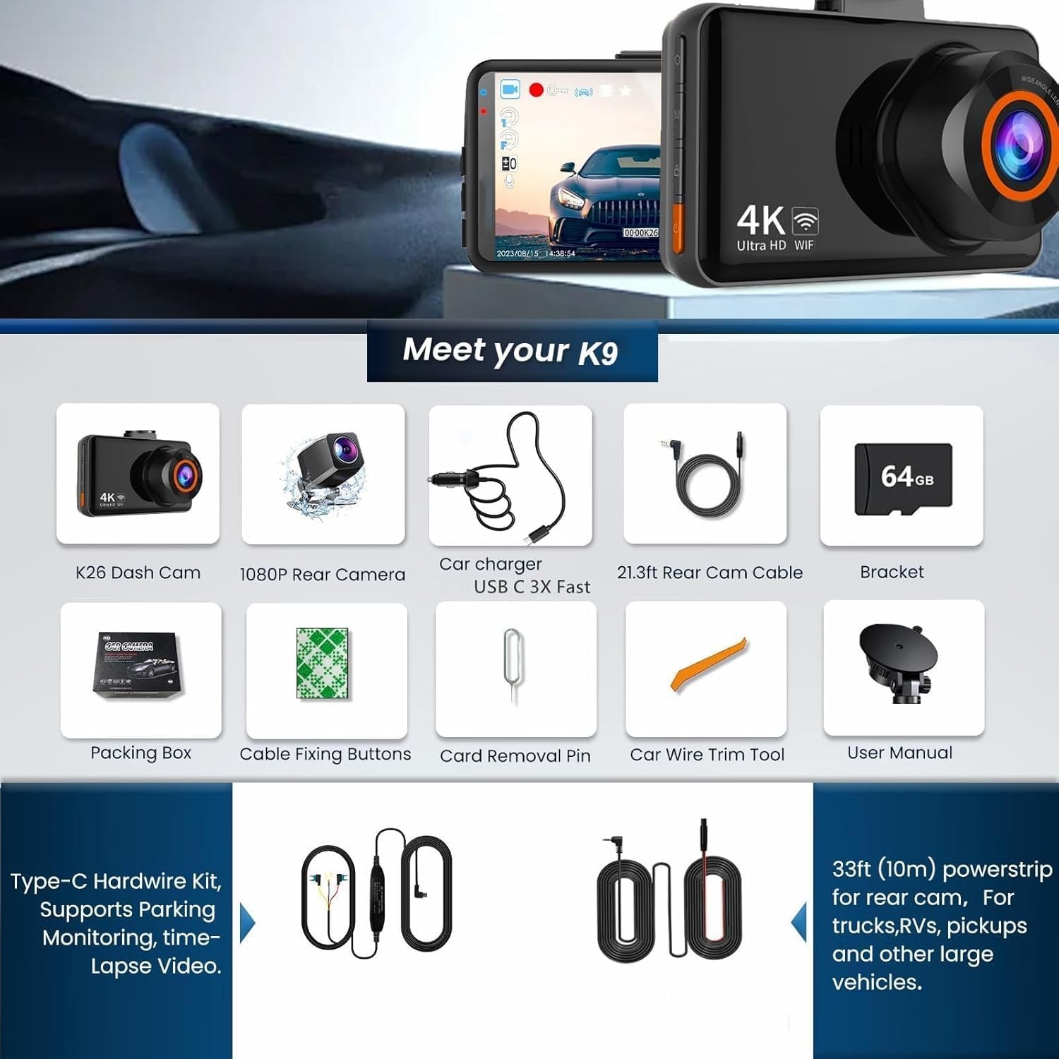 WiFi Dash Cam Front and Rear, 4K Front 2.5K Car Camera, 3″ IPS Screen, 170° Wide