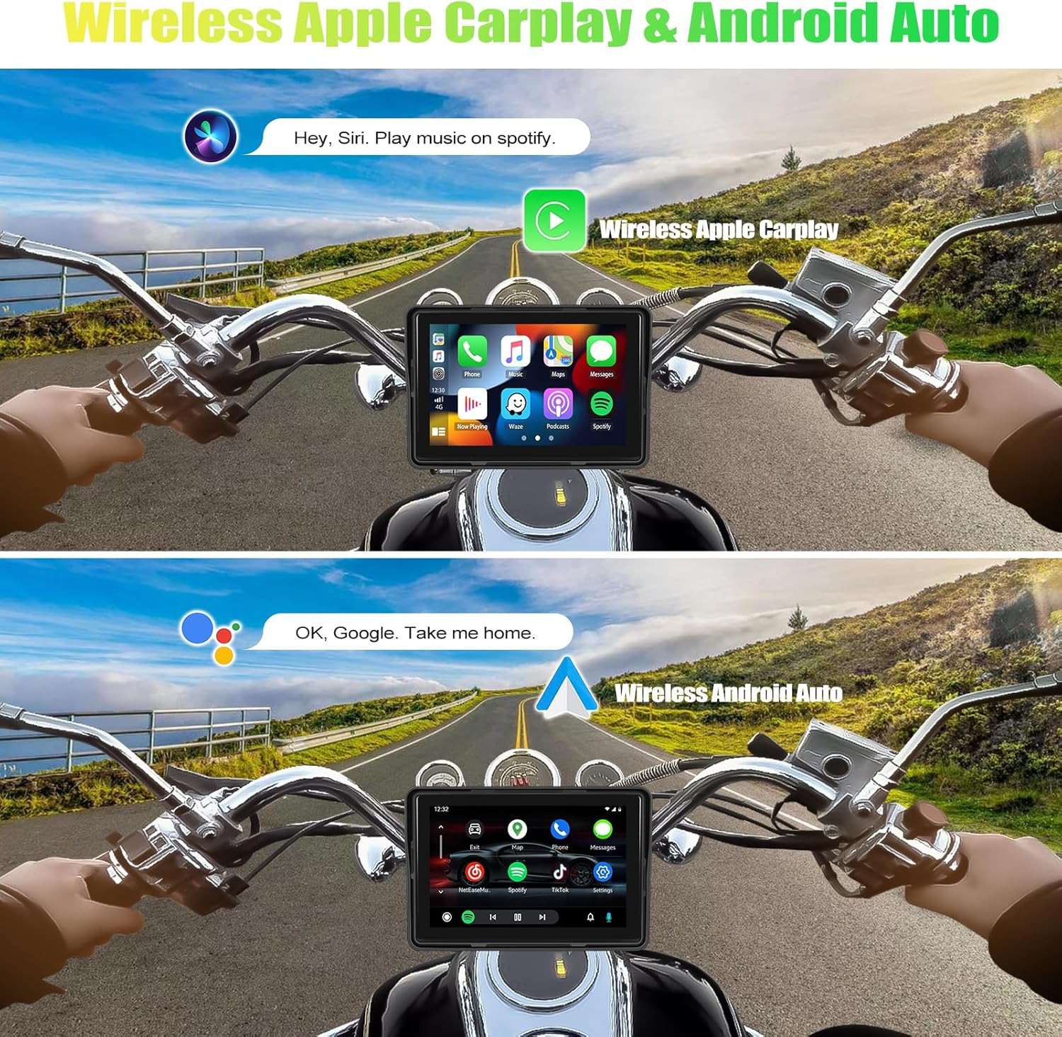 Motorcycle Carplay Screen, 5″ Waterproof Portable Wireless Carplay Android Auto