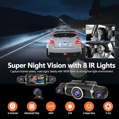 360° Dash Cam Front and Rear View 4 Channel Dash Camera FHD 2K+1080Px3 for