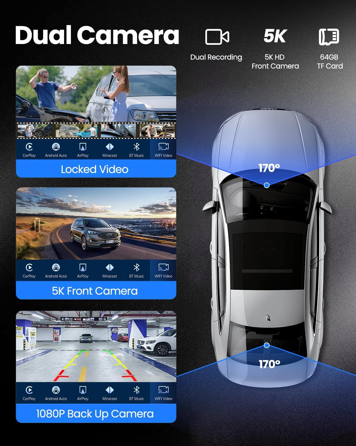 Portable Carplay Screen for Car 5K Dash Cam, 9″ Wireless Carplay & Android Auto
