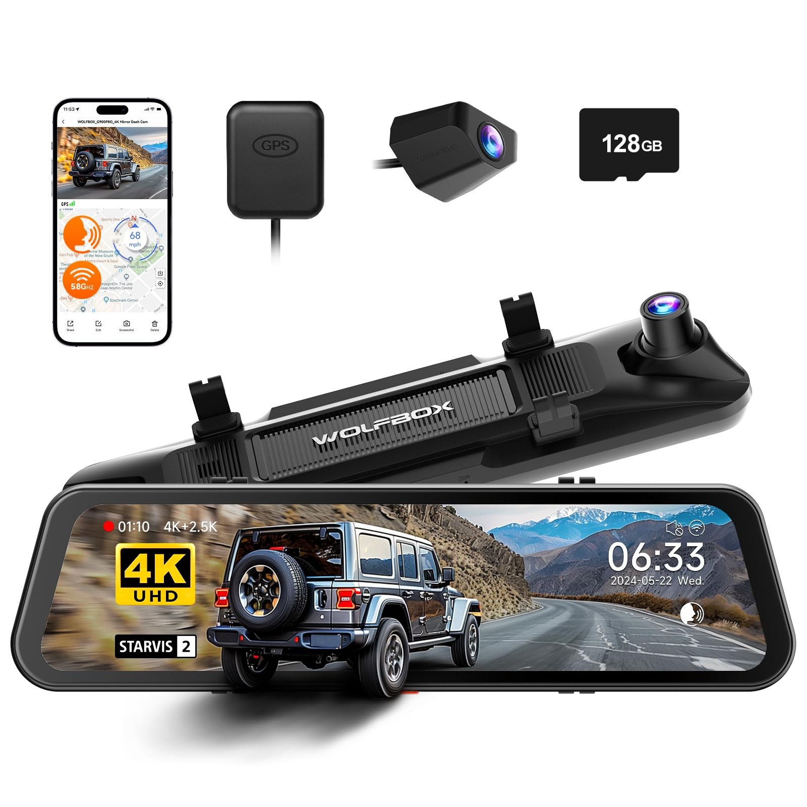 WOLFBOX G900 PRO Mirror Dash Cam with 8MP STARVIS IMX678, 12 inches Rear View…