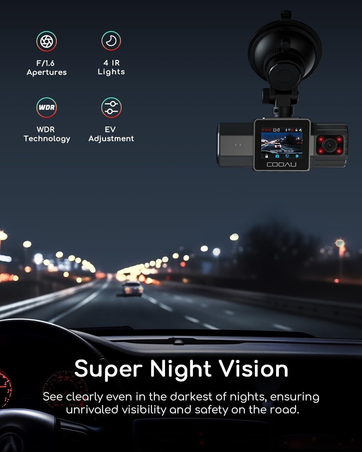 COOAU 2.5K WiFi Dual Dash Cam 1440P Built-in GPS Front and Inside Dash Camera