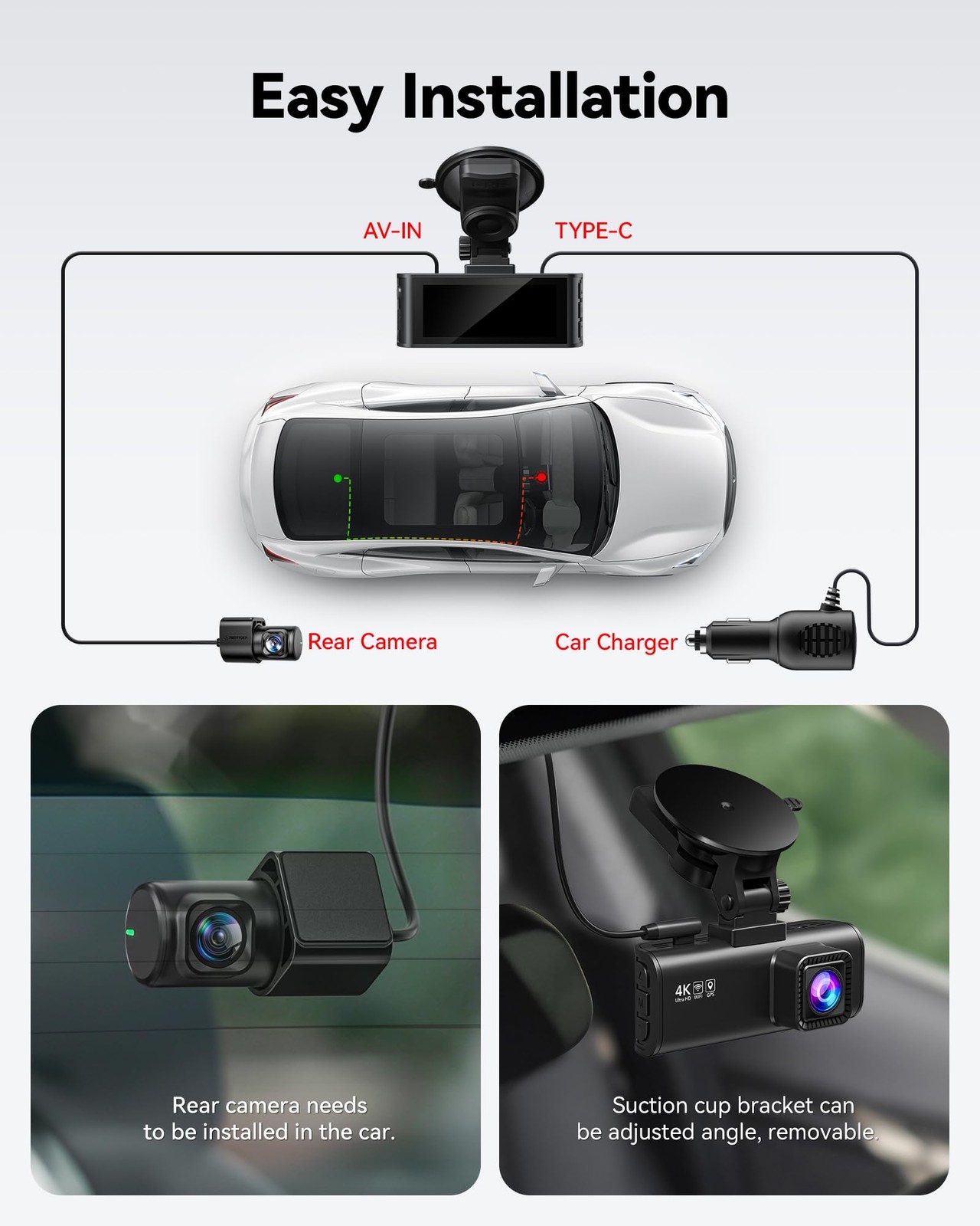REDTIGER 4K Dash Cam Front Rear with Wi-Fi GPS 32GB Card Night Vision 170° WDR