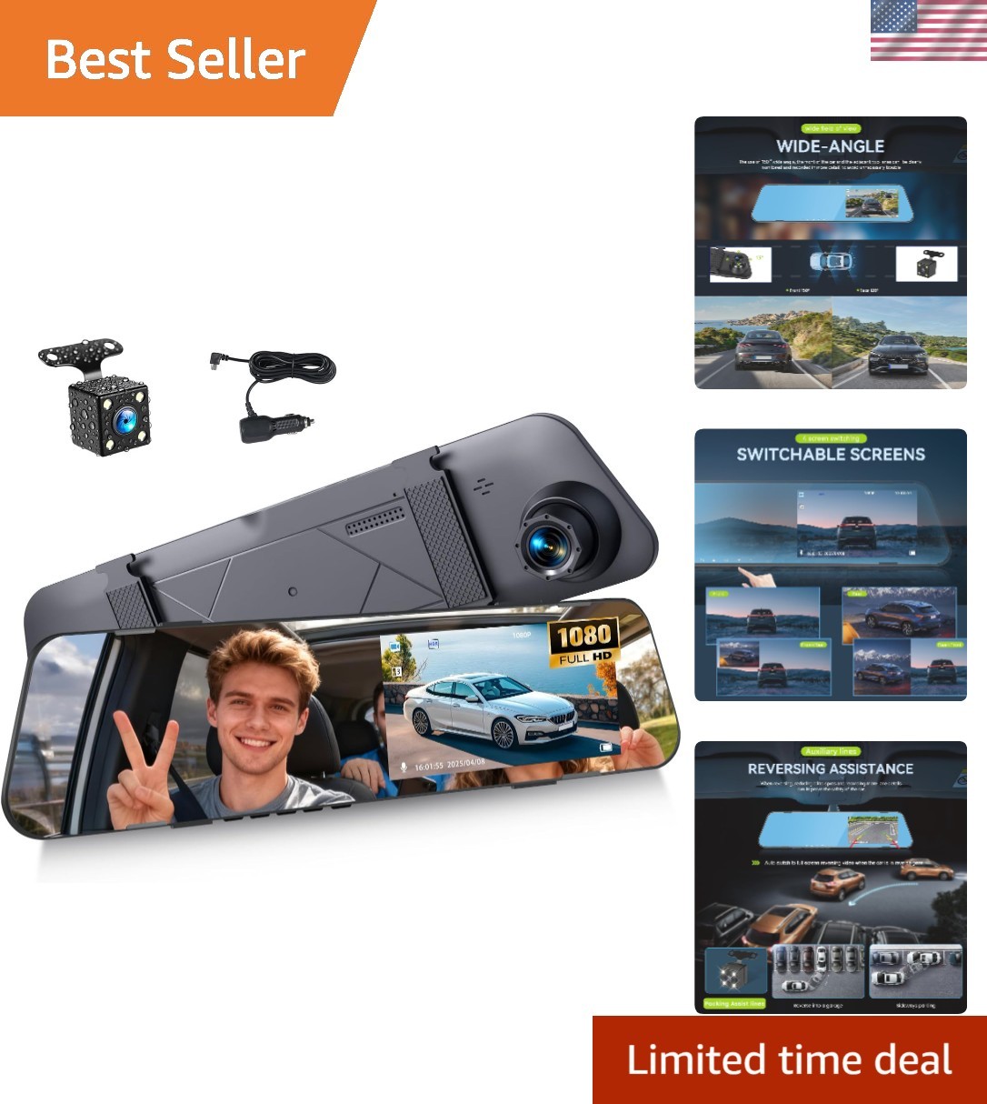 4.5 Inch Mirror Dash Cam – 1080P Dual Lens Backup Camera with Parking Assistant