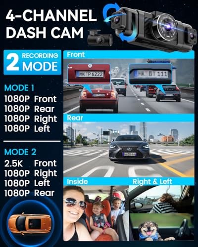 4 Channel Dash Cam 360° Front Rear Side Inside 1080P Night Vision WiFi 128GB