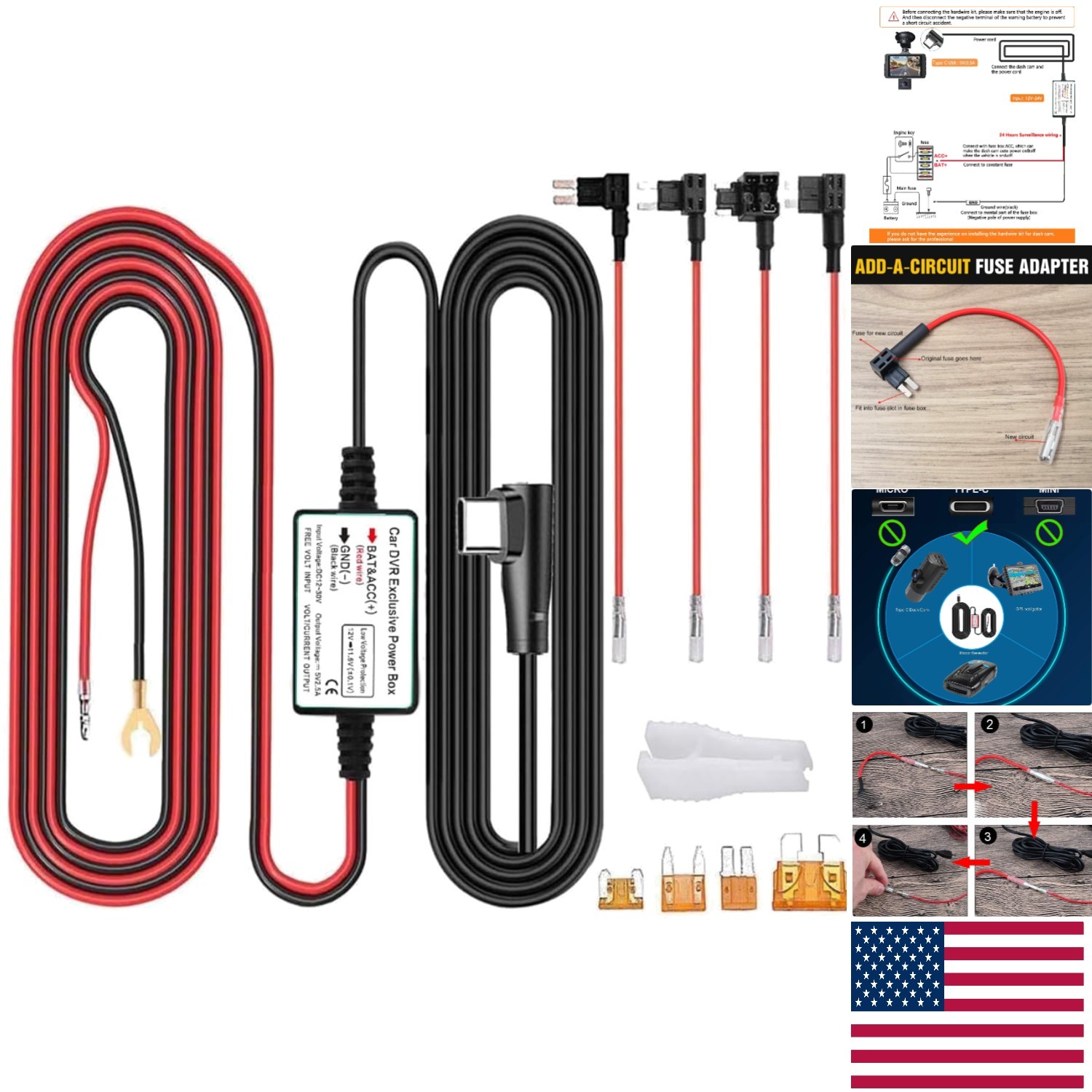 13ft Dash Cam Hardwire Kit with Type C USB and Low Voltage Protection for Safety