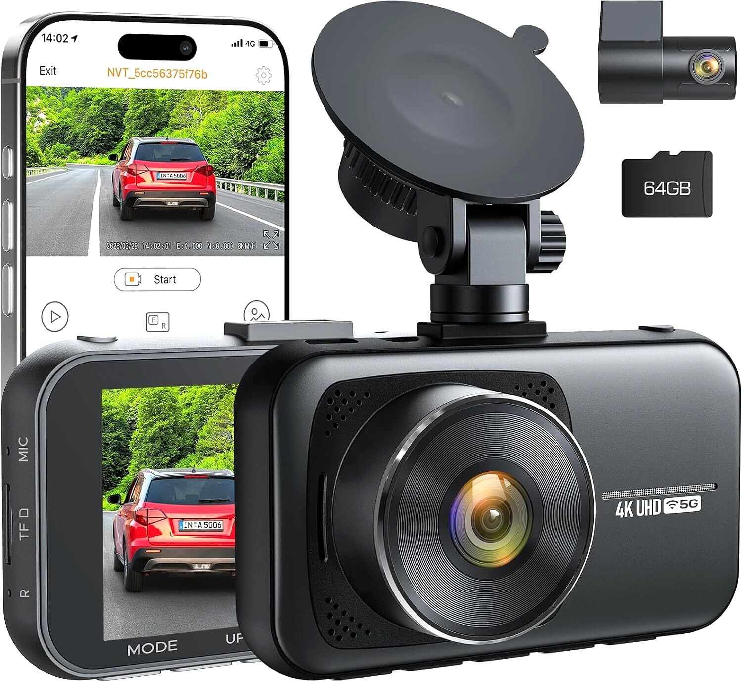Front & 1080P Rear Camera Dash Cam for Cars 5G WiFi, APP Control 140° Wide Angle