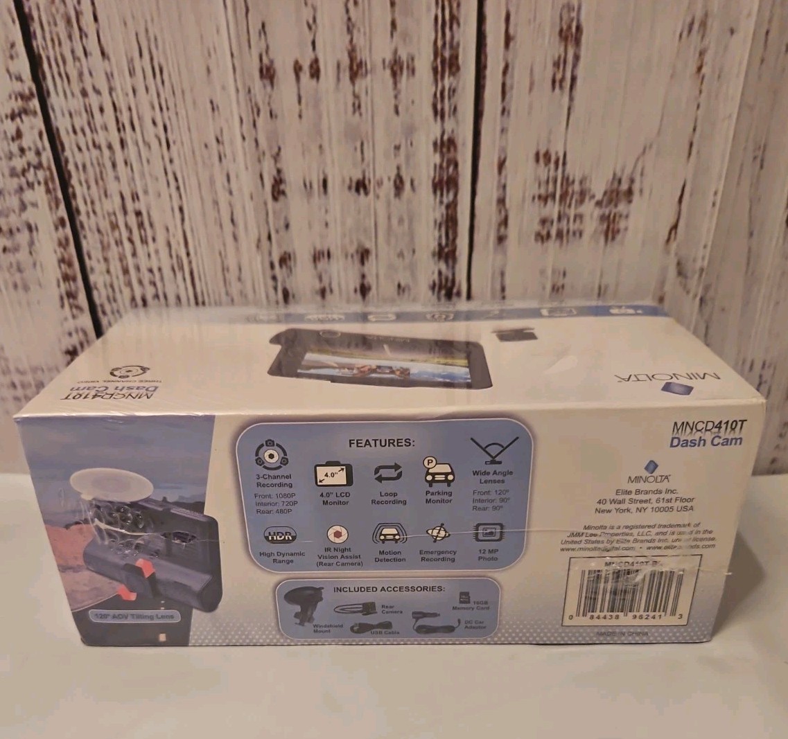 New Minolta MNCD410T FHD Front Rear View Dash Camera with 3-Ch Recording/Black