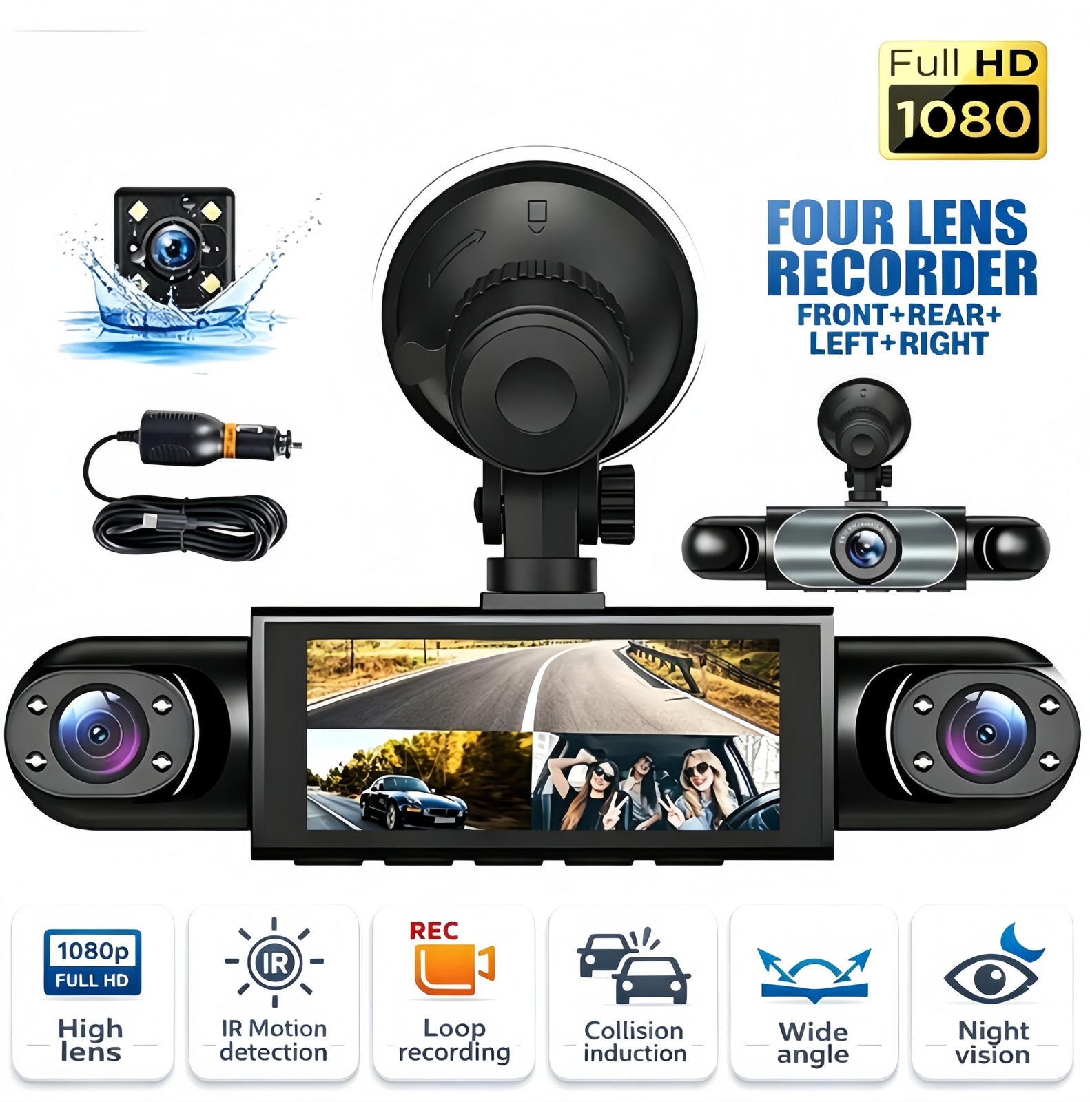60° 4-Way Dash Cam Full HD1080P Front Rear Left Right Inside DVR Parking Monito