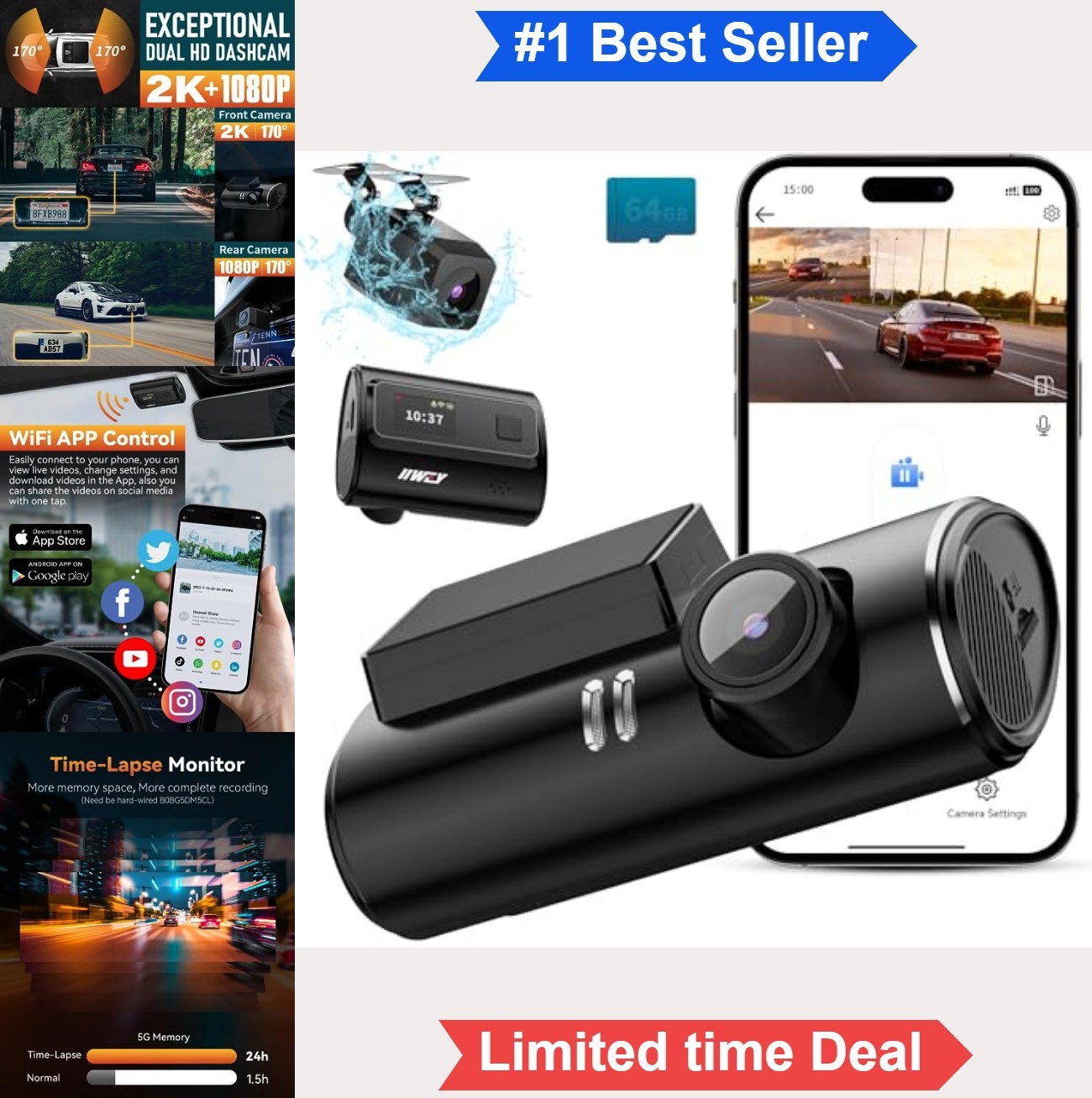 Dash Cam Front and Rear 2K 1080P Dual Dashcam with 64GB Card WiFi App Control