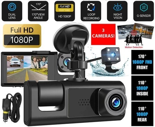 Car Dual Lens Dash Cam HD 1080P Front/Rear/Inside Video Recorder Camera G-Sensor