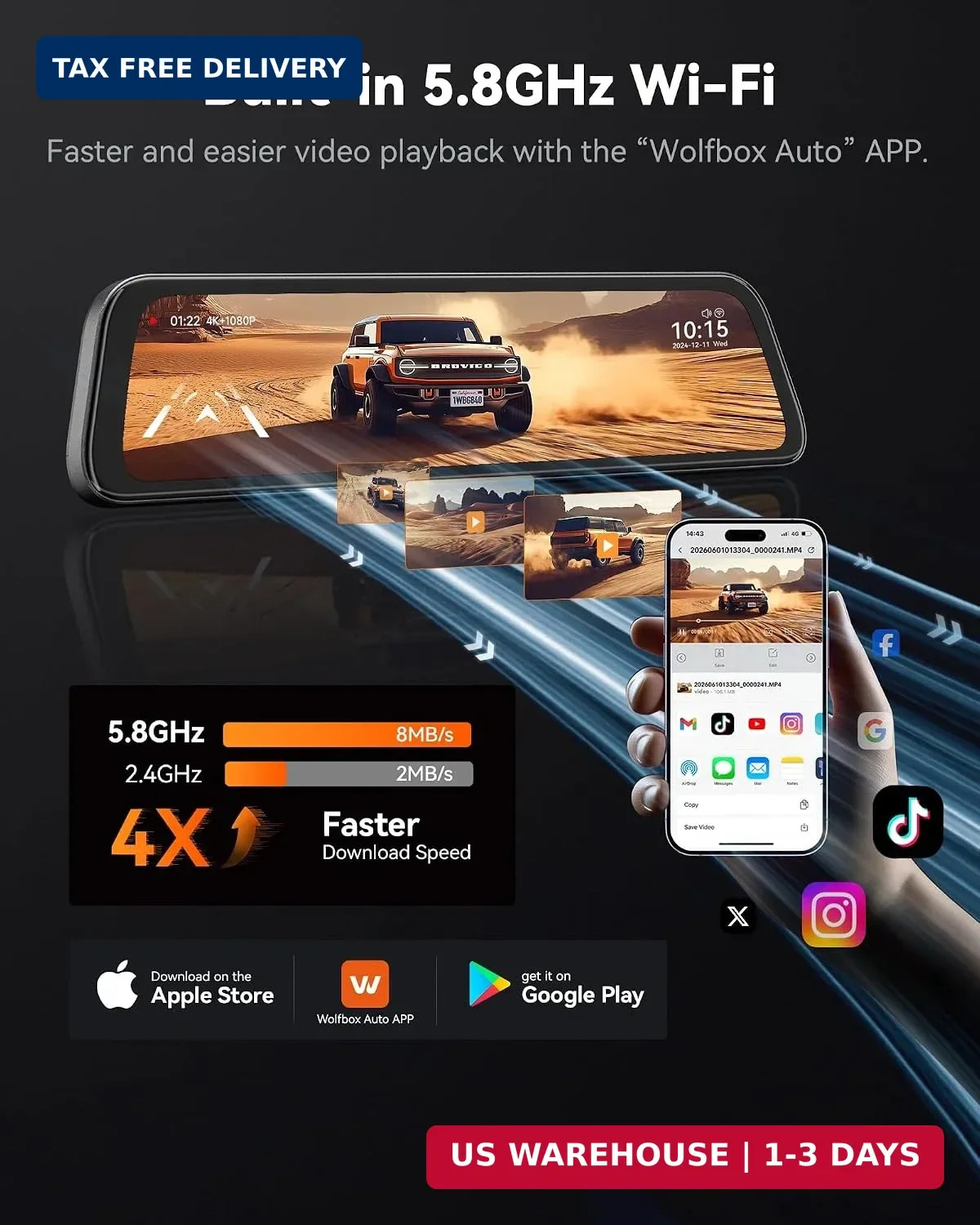 WOLFBOX G840S 12″ 4K Mirror Dash Cam Backup Camera, 5.8GHz WiFi Smart Rearview M