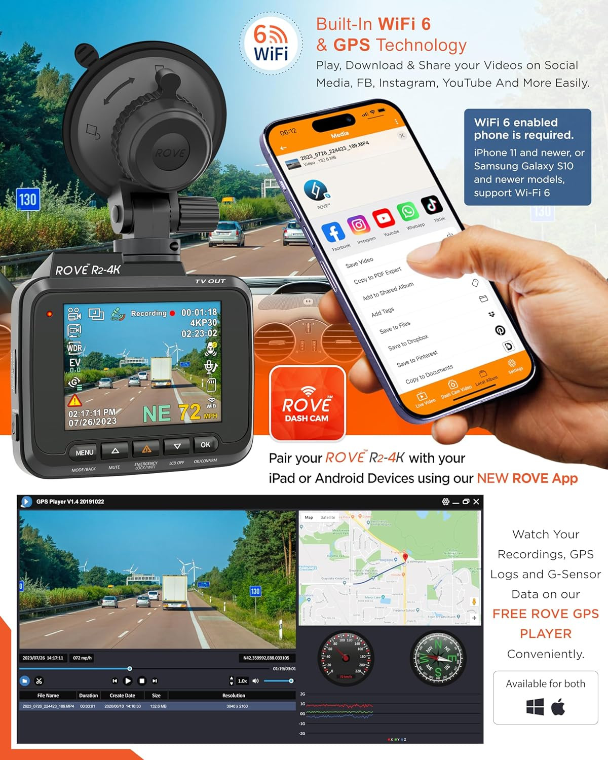R2-4K Dash Cam Built-In Wifi GPS Car Dashboard Camera Recorder with UHD 2160P, 2
