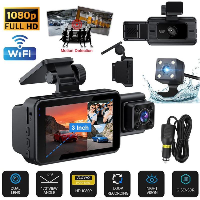 4K Camera Dash Cam Front/Rear/Inside Video Recorder with WIFI & G-Sensor