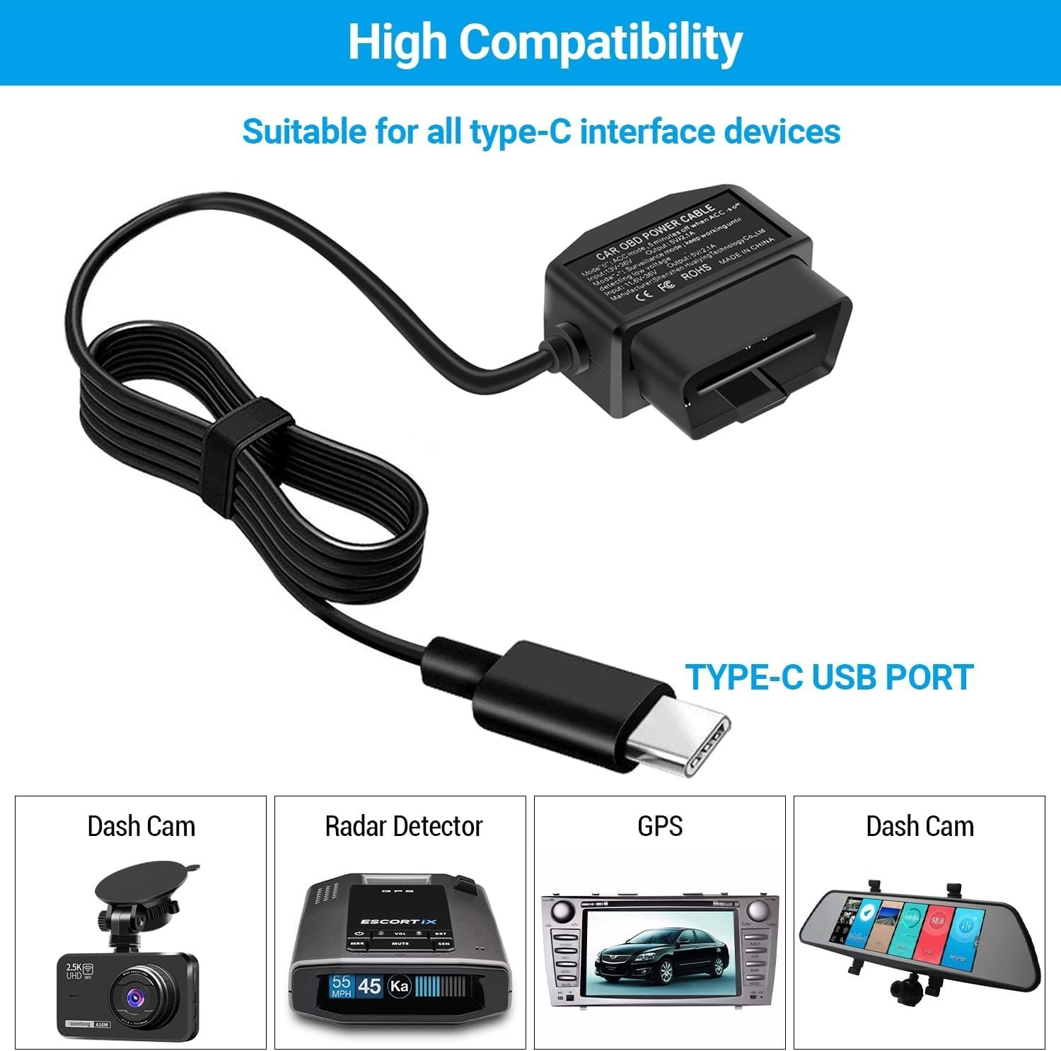 Upgraded Type-C OBD Power Cable for Dash Cameras – 24HR Surveillance Mode