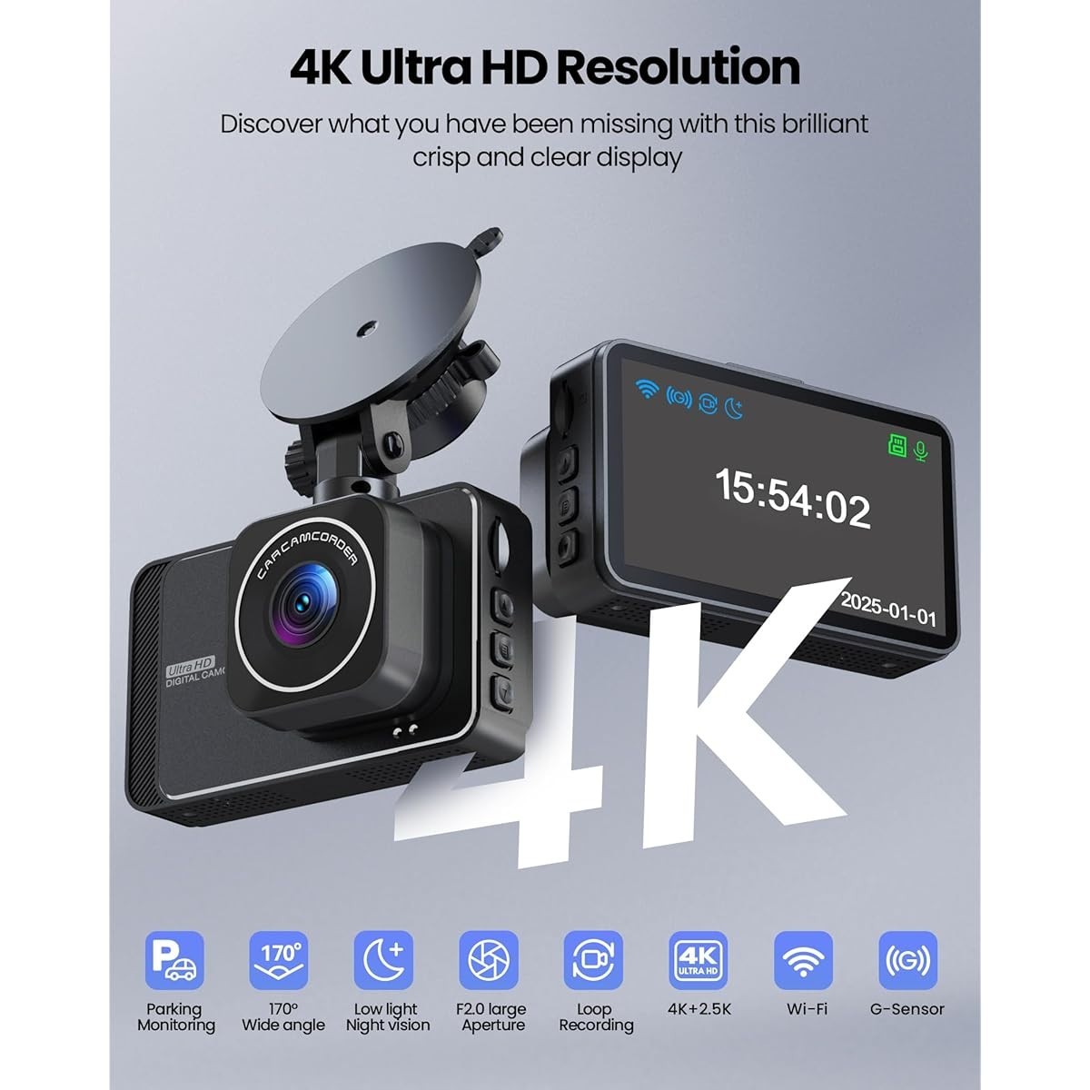 DELLFY Dash Cam 4K Ultra HD Front Camera 2K Rear 5G WiFi IOS / ANDROID – NEW